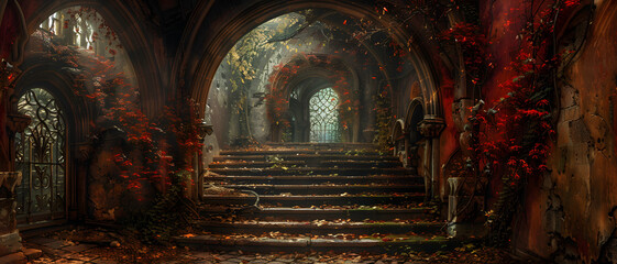 Whimsical archway and stairway are being reclaimed by nature, covered in beautiful red autumn leaves - obrazy, fototapety, plakaty