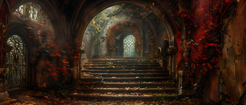 Whimsical archway and stairway are being reclaimed by nature, covered in beautiful red autumn leaves