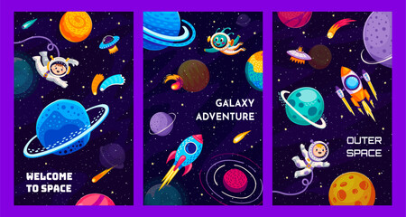 Galaxy space posters with kid astronauts, alien and space rocket in galaxy planets landscape. Cartoon vector vertical cards with interstellar exploration, imaginative playful cosmic adventure and trip