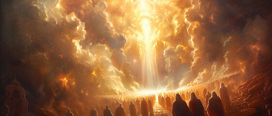 A breathtaking scene featuring robed figures in awe of a majestic towering beam of golden light