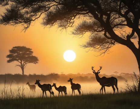 A family of deer grazing in a meadow with the sun rising behind bringing warmth to a new day