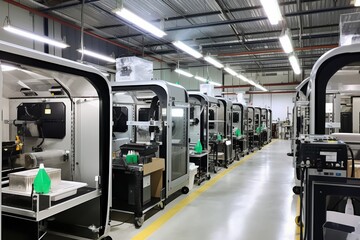 Naklejka premium Inside view of a 3D printing farms maintenance area, where machines are tuned and calibrated for optimal performance