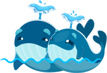 Dekokissen Cartoon cute kawaii whale characters. Isolated vector two adorable sperm whale cachalots, their round eyes shimmering with joy, sweet couple, swimming through a sea of happiness together © Vector Tradition