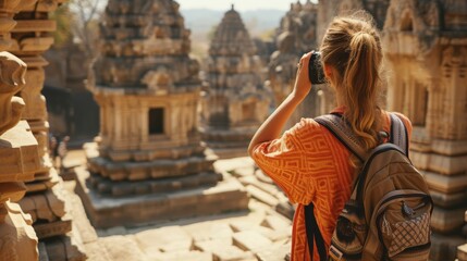 A solo female traveler exploring ancient ruins in a foreign country,  marveling at the intricate carvings and architecture while taking photos with a digital camera