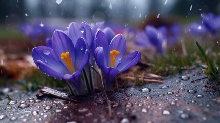Spring flowers of blue crocuses in drops of water on the background of tracks of rain drops Generative AI