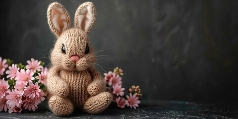 Happy Easter concept greeting card - Cute knitted easter bunny, cuddly toy, on black concrete chalkboard table, top view, flat lay.