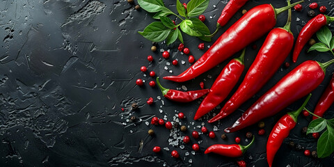 Food photography background - Closeup of ripe red chili peppers branch, on dark black table 