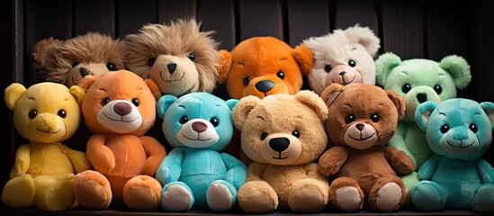 Playful array of colorful stuffed toys brightens a children's playroom - obrazy, fototapety, plakaty