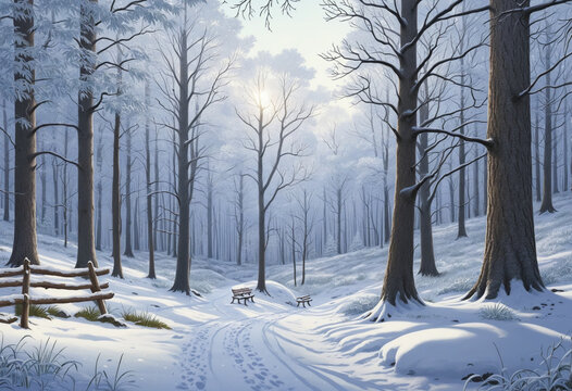 winter forest landscape, panorama in blue and white