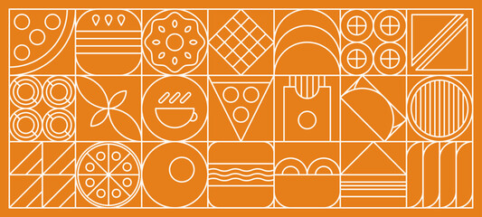 Wheat and bakery bread in abstract modern line geometric pattern, vector background. Bakery mosaic tile or linear pattern of pastry cake, bread, pizza and bun with flour or cookie biscuits and waffle