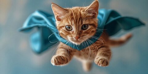 superhero cat, Cute orange tabby kitty with a blue cloak and mask jumping and flying on light blue background 