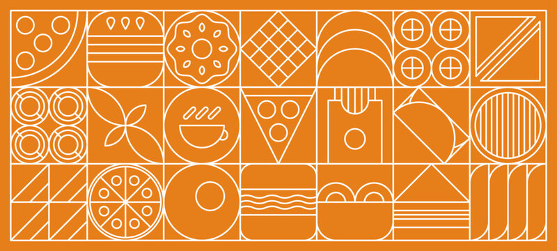 Wheat and bakery bread in abstract modern line geometric pattern, vector background. Bakery mosaic tile or linear pattern of pastry cake, bread, pizza and bun with flour or cookie biscuits and waffle