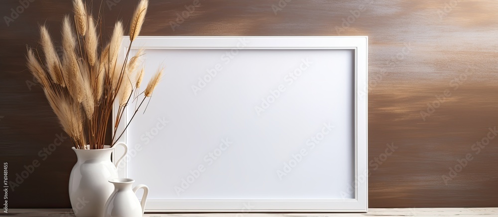 Poster a rectangular wooden picture frame sits on a table next to a vase of dried grass, creating a cozy di