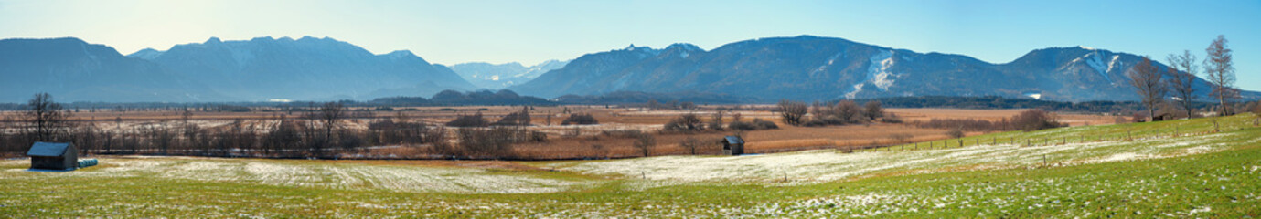 panoramic landscape Murnauer Moos, with view to bavarian alps over moorland