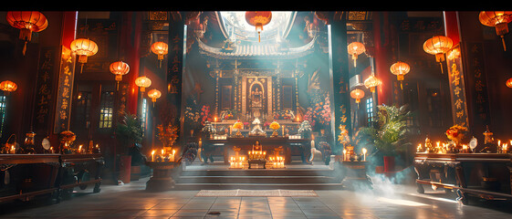 An atmospheric shot of a serene temple interior lit by red lanterns, showcasing the spiritual ambience