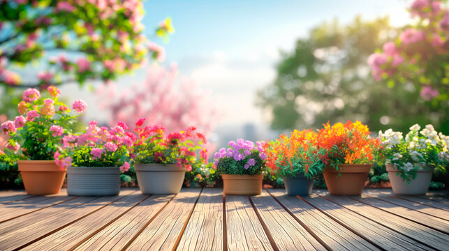 Flowers in pots stand on a spring terrace on a wooden floor