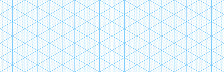 Blue isometric triangular grid pattern, paper mesh background. Seamless guide for engineering or mechanical layout drawing and sketching. Blueprint for architecture and design projects - obrazy, fototapety, plakaty
