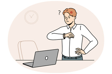 Furious businessman look at wristwatch unhappy with employee being late for work. Mad employee stand near empty desk frustrated with worker late in office. Vector illustration.