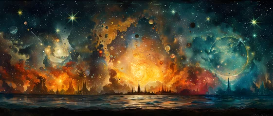 Foto auf Acrylglas An awe-inspiring cosmic landscape featuring planets, stars, and nebulae in a vibrant celestial occurrence © Reiskuchen