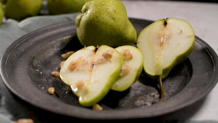 Metal plate with delicious ripe pears