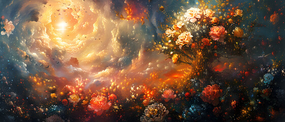 Obraz na płótnie Canvas A stunning digital artwork depicting a cosmos scene bursting with colorful flowers and dynamic light effects