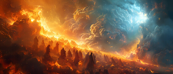 This digital artwork shows figures in a dark procession amidst a fiery, apocalyptic landscape