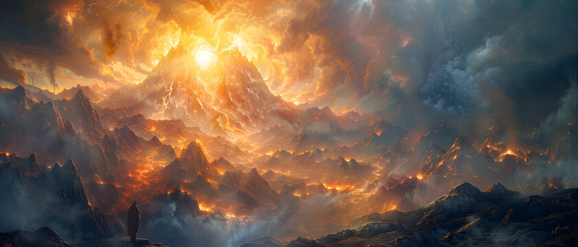 A stunning digital art landscape capturing an intense volcanic eruption basked in sunset light, showcasing nature's fury and beauty