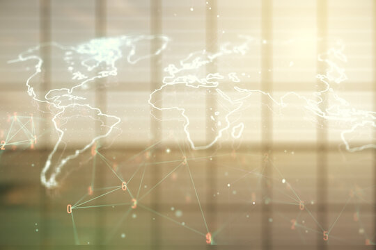 Multi exposure of abstract creative digital world map hologram on empty corporate office background, tourism and traveling concept