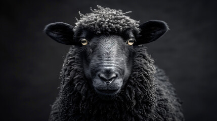 Naklejka premium Portrait of a black sheep on black background.