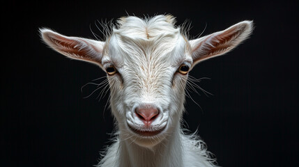Portrait of a white goat on black background.