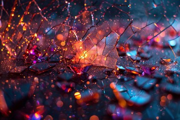 Enchanted mirror, colorful glass shards, magic sparks, dimly lit, wide-angle view - obrazy, fototapety, plakaty