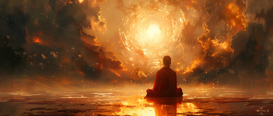 Person meditating before an immense fiery swirl in outer space, evoking a sense of universal connection - obrazy, fototapety, plakaty