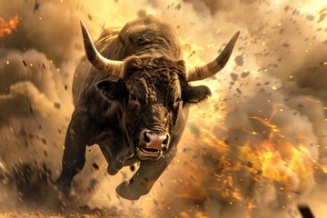 Angry bull running in the dust