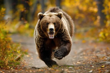 angry running grizzly bear in the forest - obrazy, fototapety, plakaty