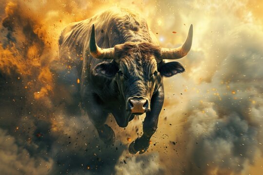Angry bull running in the dust