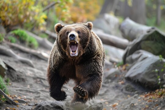 angry running grizzly bear in the forest