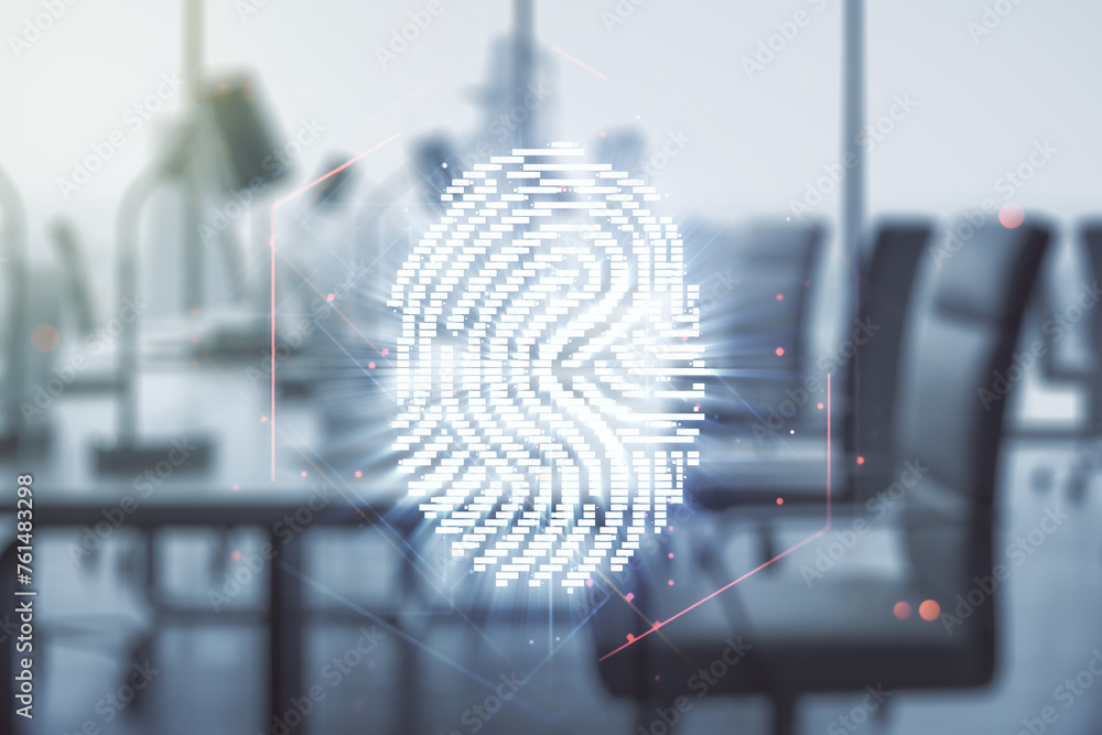 Poster multi exposure of virtual graphic fingerprint sketch on a modern furnished classroom background, fin