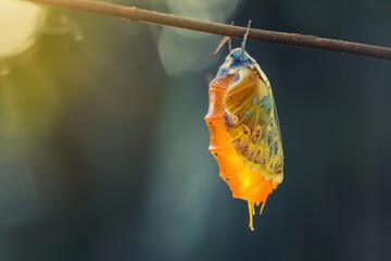 chrysalis with butterfly inside on nature background - obrazy, fototapety, plakaty