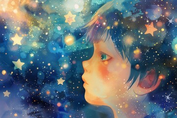 星空と日本の子供の顔の絵本イラスト（星の海・淡い水彩・明るい色彩）