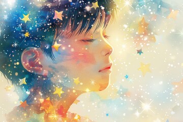 星空と日本の子供の顔の絵本イラスト（星の海・淡い水彩・明るい色彩）