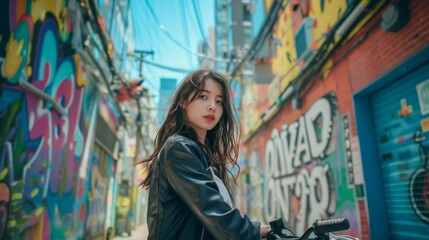 Naklejka premium Urban Exploration: A young woman in her late 20s, exploring a vibrant city neighborhood on a bicycle, with colorful murals and street art adorning the walls of buildings along the street