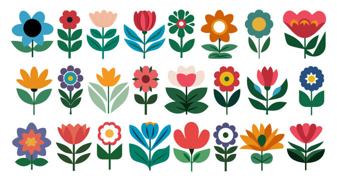 Set of hand drawn floral design elements in folklore scandinavian style. Contemporary modern vector botanical art illustrations in trendy bright color palette isolated on transparent background.