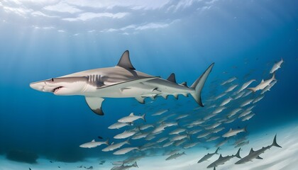 A Hammerhead Shark Hunting In A School Of Fish - obrazy, fototapety, plakaty
