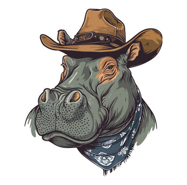 Hippo Head wearing wearing cowboy hat and bandana around neck