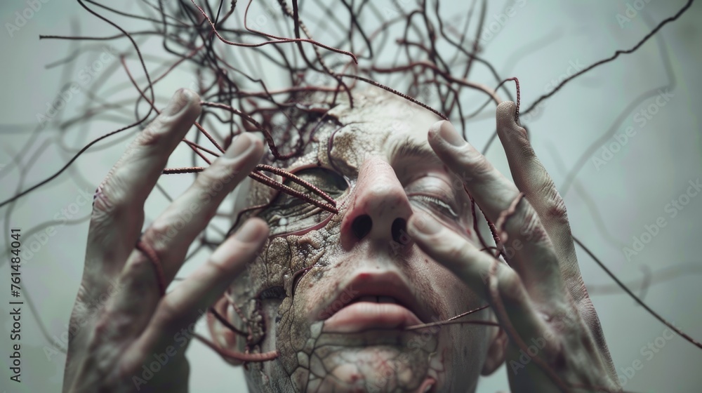 Poster close up of a person's face and hands, suitable for various concepts