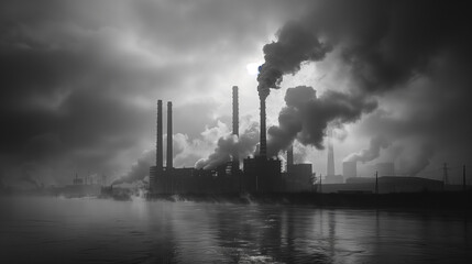 Smoke billows from industrial smokestacks into a cloudy sky, captured in stark monochrome over a reflective river..