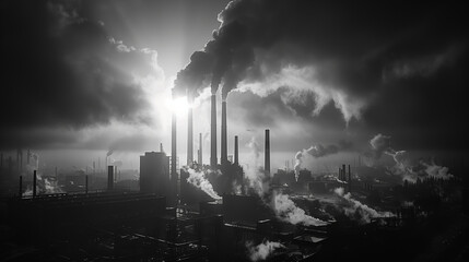 Monochrome image of industrial smokestacks with plumes of smoke set against a dramatic sky, sun piercing through clouds..