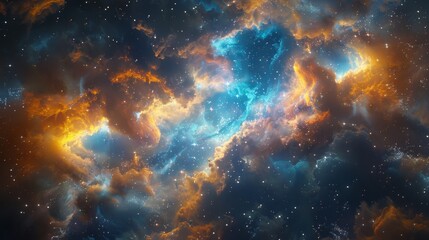 A dramatic cosmic scene depicting the clash of two nebulae, one ablaze with fiery reds and oranges, the other cool with icy blues - obrazy, fototapety, plakaty