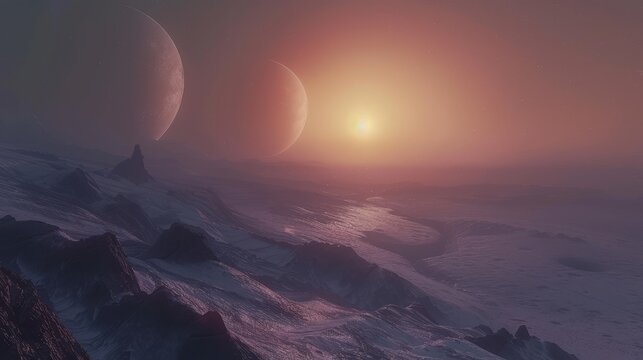 A surreal visual of a distant planetscape bathed in the light of two moons, offering a stunning depiction of a foreign world's horizon, filled with mystery and otherworldly beauty.