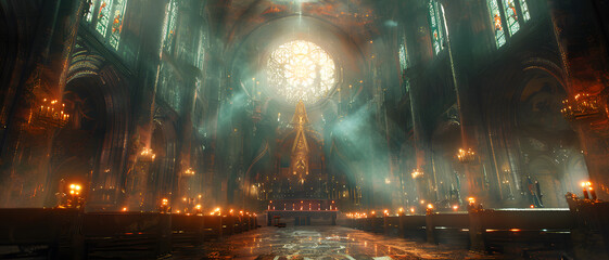 Breathtaking view inside a grand cathedral, where light filters through stained glass onto rows of lit candles - obrazy, fototapety, plakaty